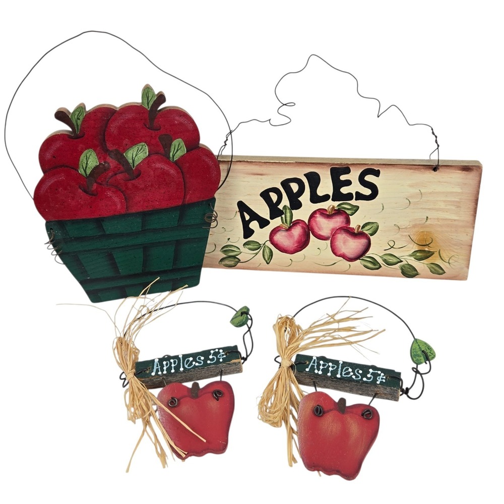 Hand Painted 4 Pc  Wooden Apple Themed Wall Hanging Set Rustic Farmhouse Kitchen